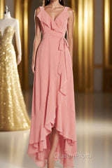 Peach Straps Ruffled High-Low Bridesmaid Dresses