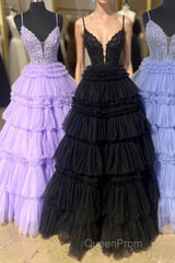 Black Layers Plunging V A-line Floral Long Evening Prom Dresses