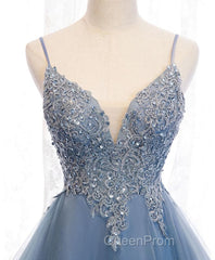 Blue Sweetheart Tulle Lace High Low Evening Prom Dresses, Blue Homecoming Dresses