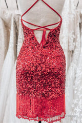 Red Lace-Up Sequins Sheath V Neck Homecoming Dress with Tassels