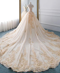 Unique Champagne Tulle Lace Long Wedding Dresses, Bridal Gown