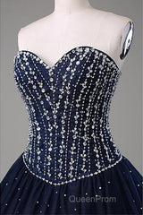 Navy Blue Ball Gown Floor Length Sweetheart Sleeveless Mid Back Evening Prom Dresses