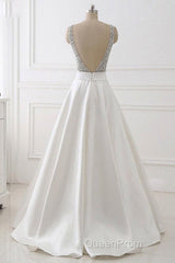 A Line Brush Train Deep V Neck Sleeveless Beading Evening Prom Dresses