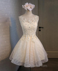 Champagne Lace Round Neck Short Evening Prom Dresses, Bridesmaid Dresses