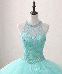 Mint Ball Gown Floor Length Halter Keyhole Back Beading Ruffles Evening Prom Dresses