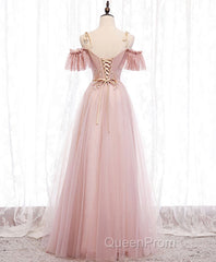 Pink V Neck Tulle Lace Long Evening Prom Dresses, Pink Bridesmaid Dresses, 1
