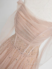 Champagne Pink Tulle Beads Long Evening Prom Dresses, Champagne Evening Dresses