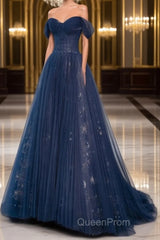 A-Line Off Shoulder Tulle Lace Dark Blue Long Evening Prom Dresses, Dark Blue Long Evening Dresses