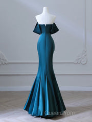 Simple Off Shoulder Satin Ink Blue Long Evening Prom Dresses, Ink Blue Long Formal Dresses