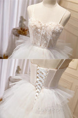 3D Flowers Spaghetti Straps Beading Ivory Tulle Wedding Dresses