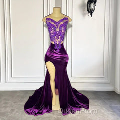 Purple Sleeveless Mermaid Evening Prom Dresses with Split Appliques
