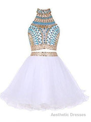 Two Piece High Neck White Tulle Short Homecoming Dress 2025 with Beading Rhinestone