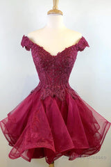 Princess Off the Shoulder Wine Red Short Homecoming Dress