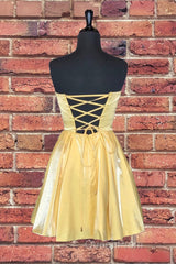 Strapless Lace-Up Yellow Satin Homecoming Dresses