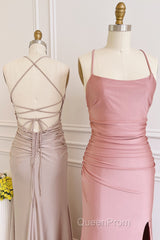 Dusty Pink Satin Lace-Up Sheath Long Bridesmaid Dresses with Slit