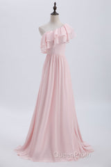 Ruffles Pink One Shoulder Chiffon A-line Long Bridesmaid Dresses