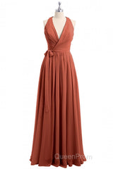 Rust Orange Wrap A-Line Long Dresses
