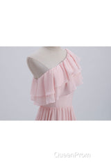 Ruffles Pink One Shoulder Chiffon A-line Long Bridesmaid Dresses