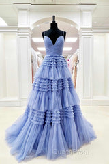 Elegant Light Blue Side Slit Tulle Long Evening Prom Dresses