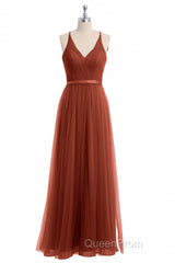 Rust Orange V-Neck Backless A-Line Long Bridesmaid Dresses