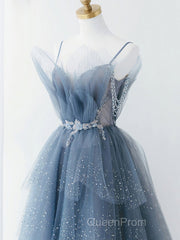 Gray Blue Tulle Beads Long Evening Prom Dresses, Blue Tulle Formal Dresses