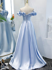Blue A Line Off Shoulder Long Evening Prom Dresses, Blue Evening Dresses