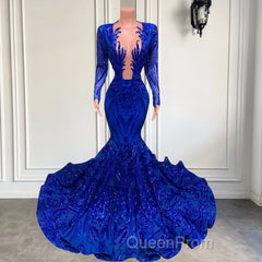 Hot Sparkle Royal Blue Sequin Long sleeves Mermaid Evening Prom Dresses