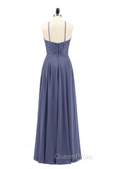 Navy Blue Chiffon Halter Backless A-Line Long Bridesmaid Dresses