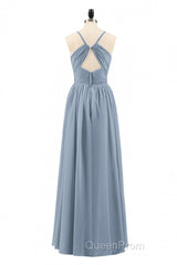 Dusty Blue Chiffon Cutout Back A-Line Long Bridesmaid Dresses