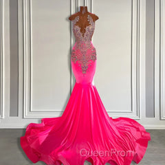 Sleeveless Velvet Mermaid Style Dresses with Beadings in Pink Barbie Color