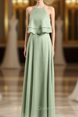 Sage Green Chiffon Halter Ruffle A-Line Long Bridesmaid Dresses