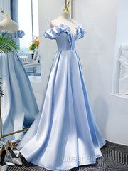 Blue A Line Off Shoulder Long Evening Prom Dresses, Blue Evening Dresses