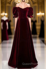 Modest Burgundy Long Evening Prom Dresses with Short Sleeves Vintage Evening Gown