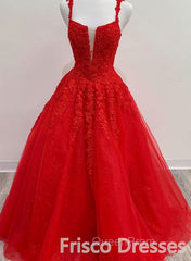 Red Tulle Lace A Line Formal Evening Dresses Appliques Long Evening Prom Dresses