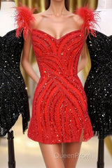Red V Neck Feathers Sequins Sheath Homecoming Dresses