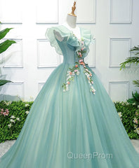 Green V Neck Tulle Long Evening Prom Dresses, Green Evening Dresses