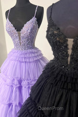 Lilac Floral Layers Spaghetti Straps Lonh Evening Prom Dresses
