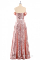 Rose Gold Sequin Off-the-Shoulder A-Line Long Bridesmaid Dresses