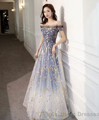 Blue Tulle Off Shoulder Lace Long Prom Dress Tulle Formal Dress