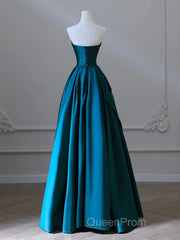 Simple Blue Satin Strapless Evening Prom Dresses