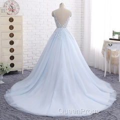 Ball Gown Chapel Train V Neck Sleeveless Backless Appliques Evening Prom Dresses