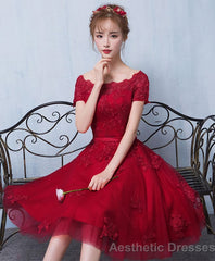 Burgundy Tulle Lace Short Prom Dress Burgundy Lace Homecoming Dress