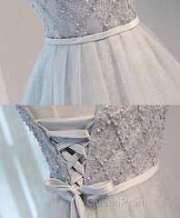 Gray Tulle Beads Short Evening Prom Dresses, Gray Homecoming Dresses