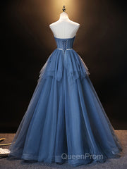 Blue Sweetheart Neck Tulle Long Evening Prom Dresses, Blue Evening Dresses