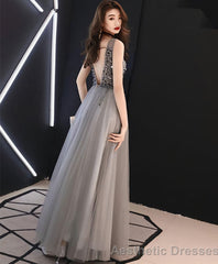 Gray V Neck Tulle Sequin Long Prom Dress Gray Tulle Evening Dress