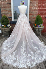 A-Line Tulle Lace Long Prom Dresses, V-Neck Backless Evening Dresses