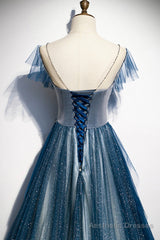 Blue Tulle Long Prom Dresses, A-Line Formal Evening Dresses