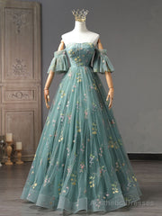 A-Line Green Tulle Lace Long Prom Dresses, Green Formal Evening Dress