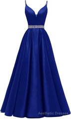 Spaghetti Straps Prom Dresses Long Satin Beaded V-Neck Formal Evening Party Ball Gowns with Pockets