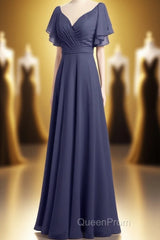 Navy Blue V-Neck Backless Ruffled A-Line Long Dresses